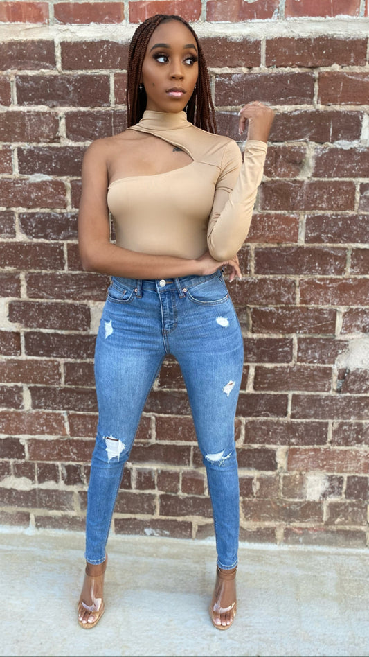 Dolled Daily Cold Shoulder Bodysuit Nude